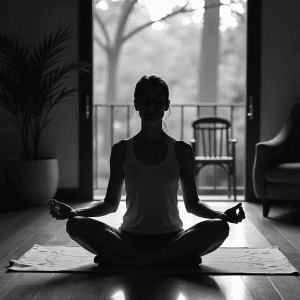 Žmogus, praktikuojantis dėmesingumo meditaciją ramioje aplinkoje, sutelkęs dėmesį į kvėpavimą.